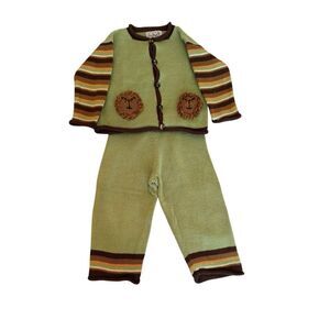 Zackali 4 Kids Unisex Green Brown Knit Cotton Lion Applique 2-Piece Sweater Sz 2